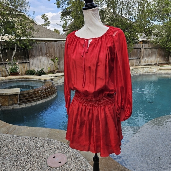 Elizabeth and James smocked waist  red silk dress S - Picture 1 of 15